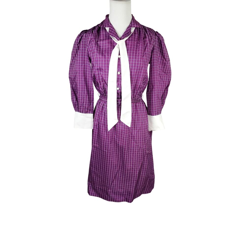 Vintage 1970s Retro Cottage Purple Gingham Dress White Trim Belted Puff Slv Sz 7
